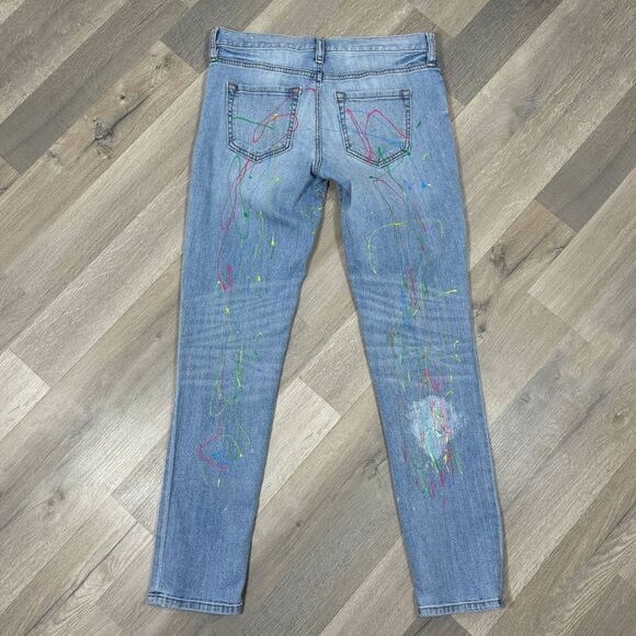 Loft Hand Painted Boyfriend Jeans Blue Multi 0 Ankle Cherry Blossom Custom - Picture 5 of 13